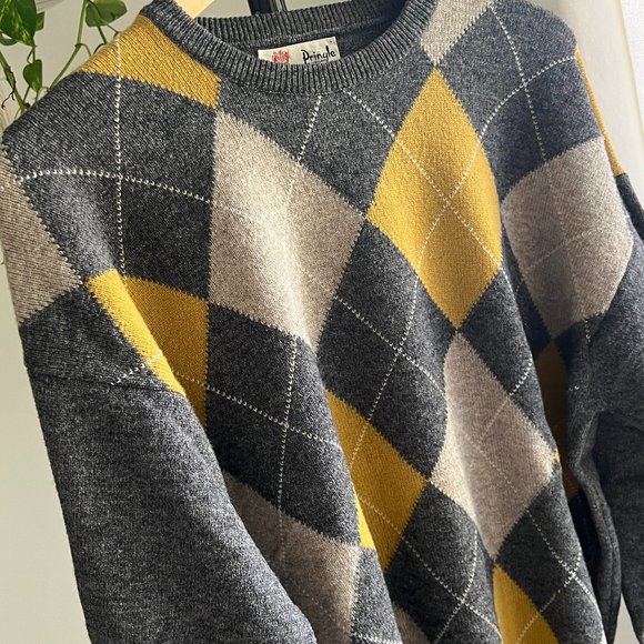 Pringle of Scotland Vintage Men's100% Lamb’s Wool Gray Argyle Sweater Large - Picture 7 of 12